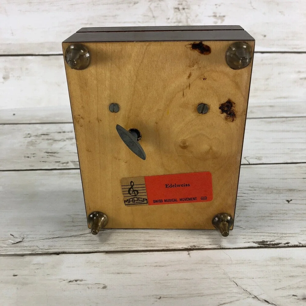 Vintage Mapsa Swiss Musical Movement Wood Jewelry Box Edelweiss Floral Inlay